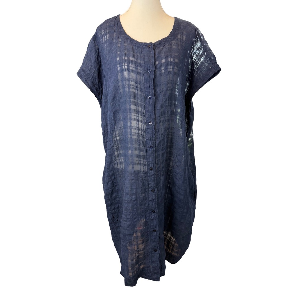 Eileen Fisher Large Navy Organic Linen Cotton Textured Button Front Dress Sheer